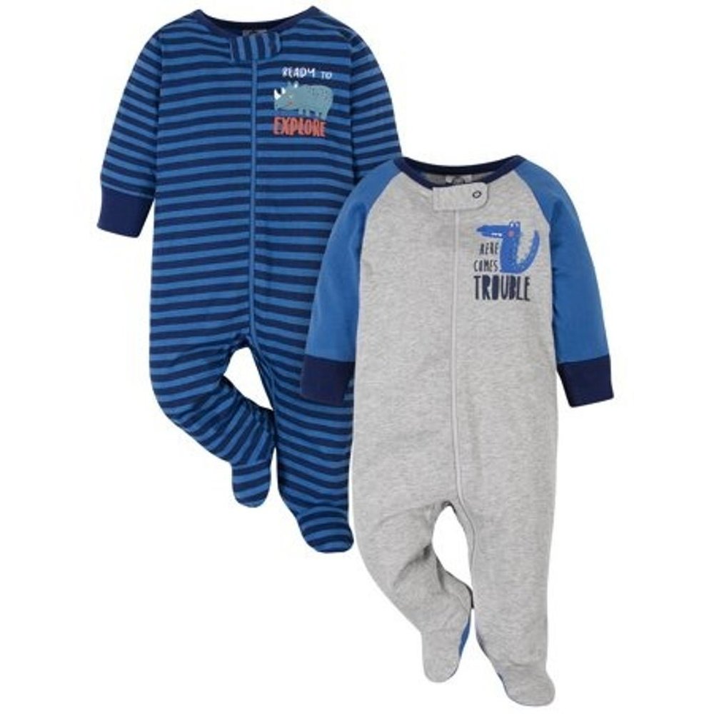 NEW! Set of 2 Gerber Baby Boys' 2pk Rhino Sleep N' Play Pajamas